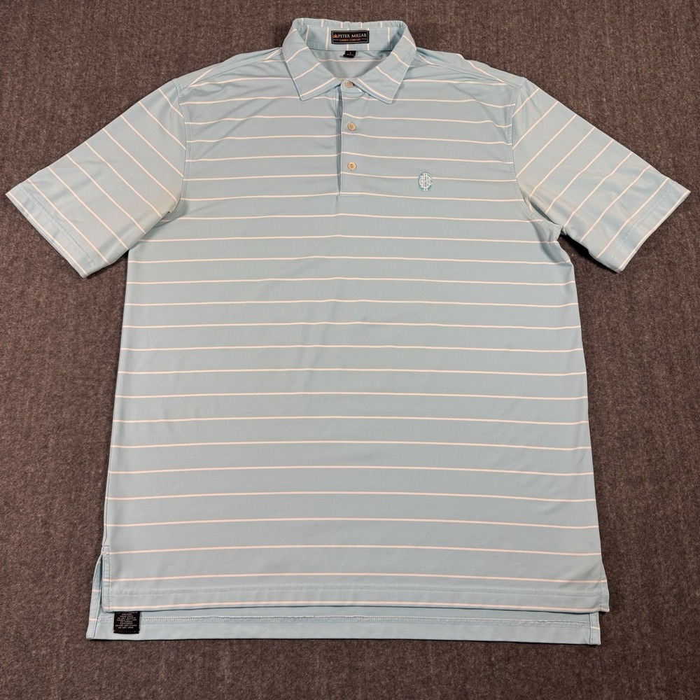 Peter Millar Summer Comfort Polo Shirt Men's L Blue White Stripe Golf Stretch